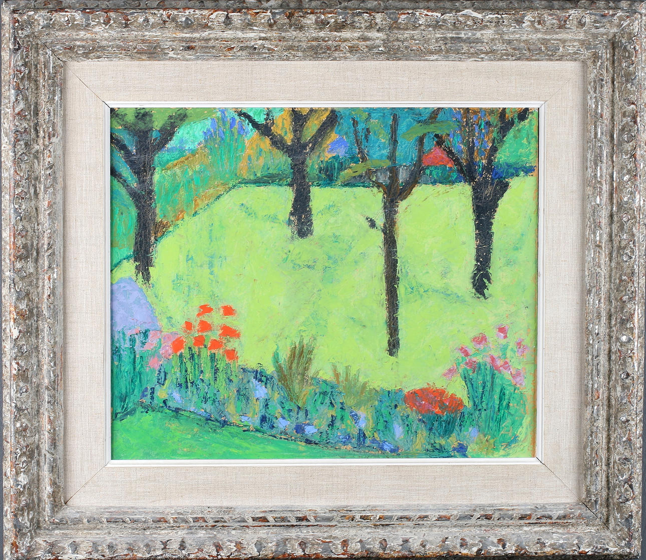 GUNNAR HÅLLANDER. "Trädgård", olja på duk, monogramsignerad.