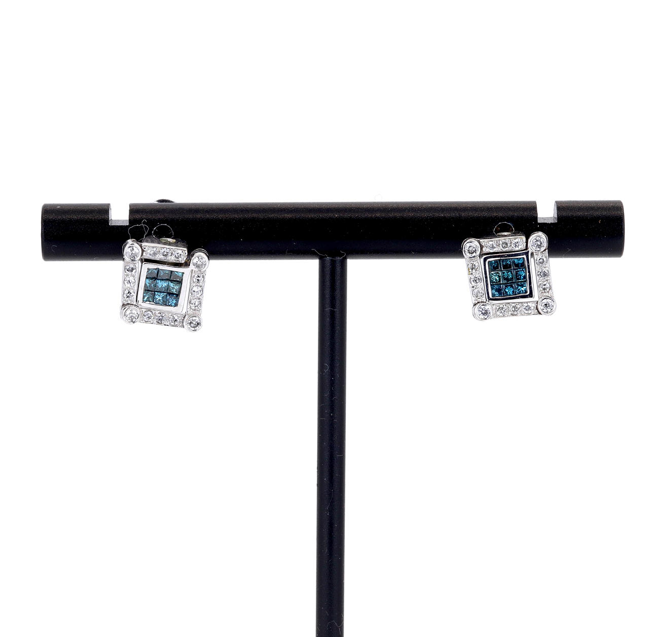 14CT GOLD BLUE & WHITE DIAMOND SET EARRINGS.