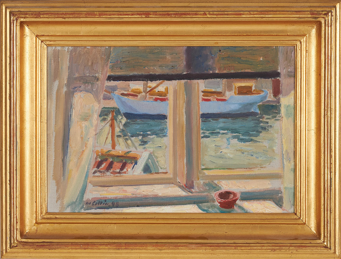MARCUS COLLIN. Fönsterutsikt i hamnen, olja på duk, signerad och daterad M Collin. 48.