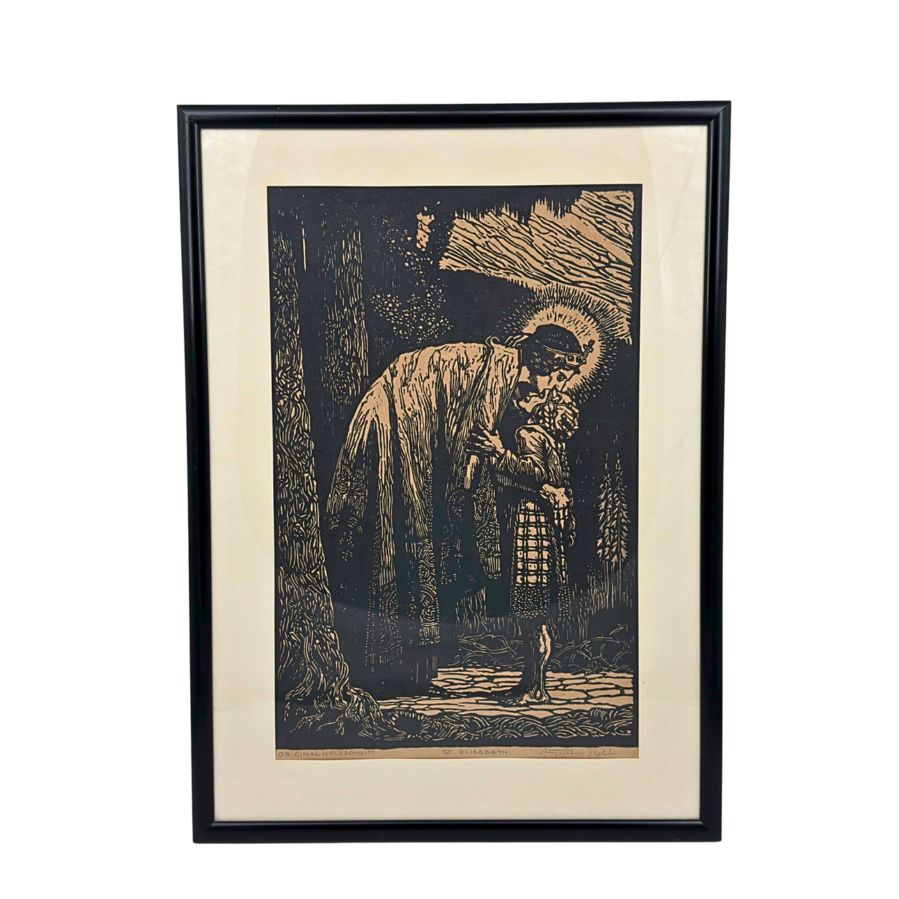 WOODCUT DEPICTING SAINT ELIZABETH, SIGNED.