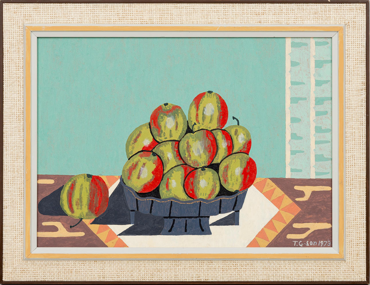 OIDENTIFIERAD KONSTNÄR. Still life with apples, oil on panel, signed T.G-son, dated 1973.