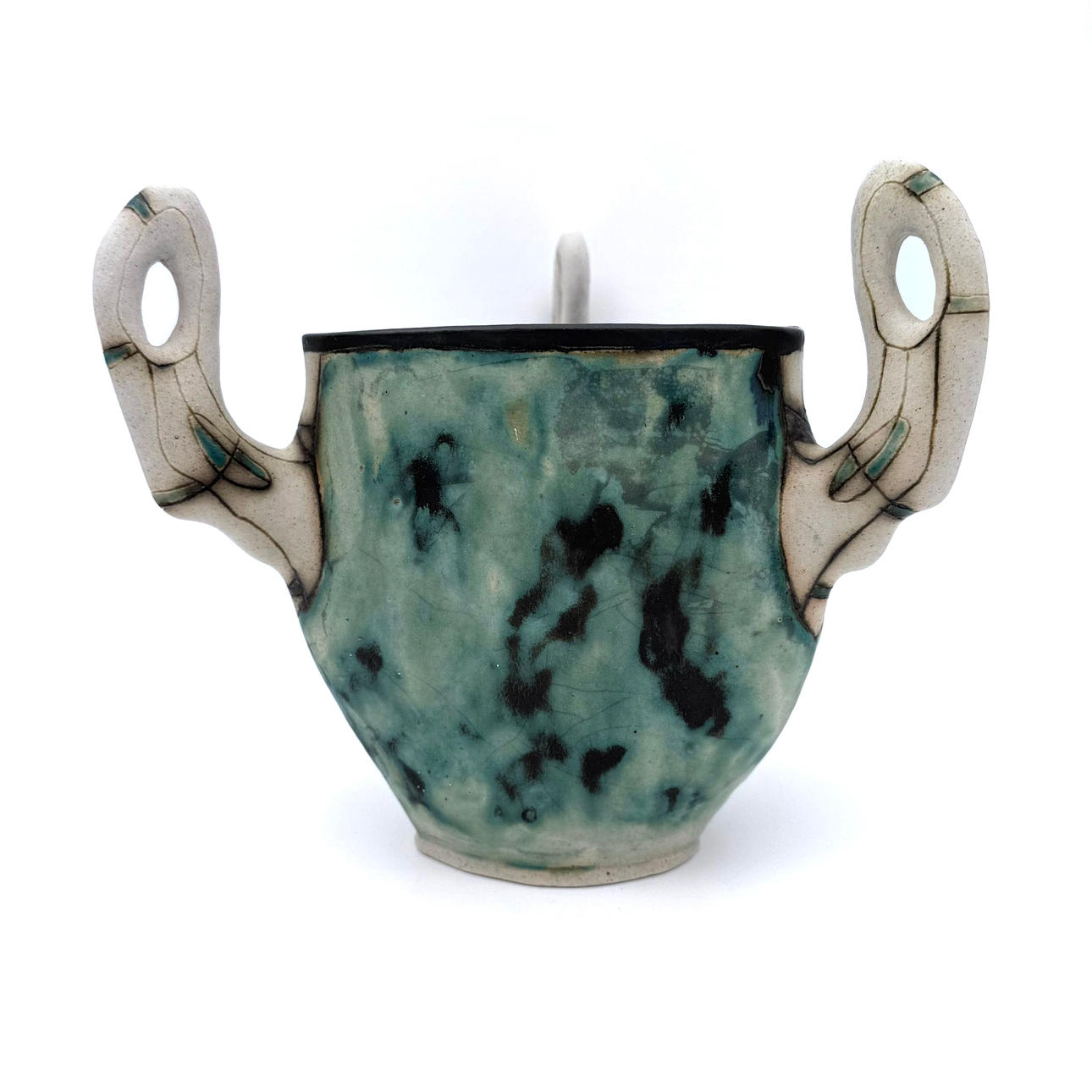 KADRI PÄRNAMETS (ESTLAND, 1968- ). Vase, stoneware, partly glazed, triangular conical shape with upturned openwork hangers, signed and dated Kadri Pärnamets 96.