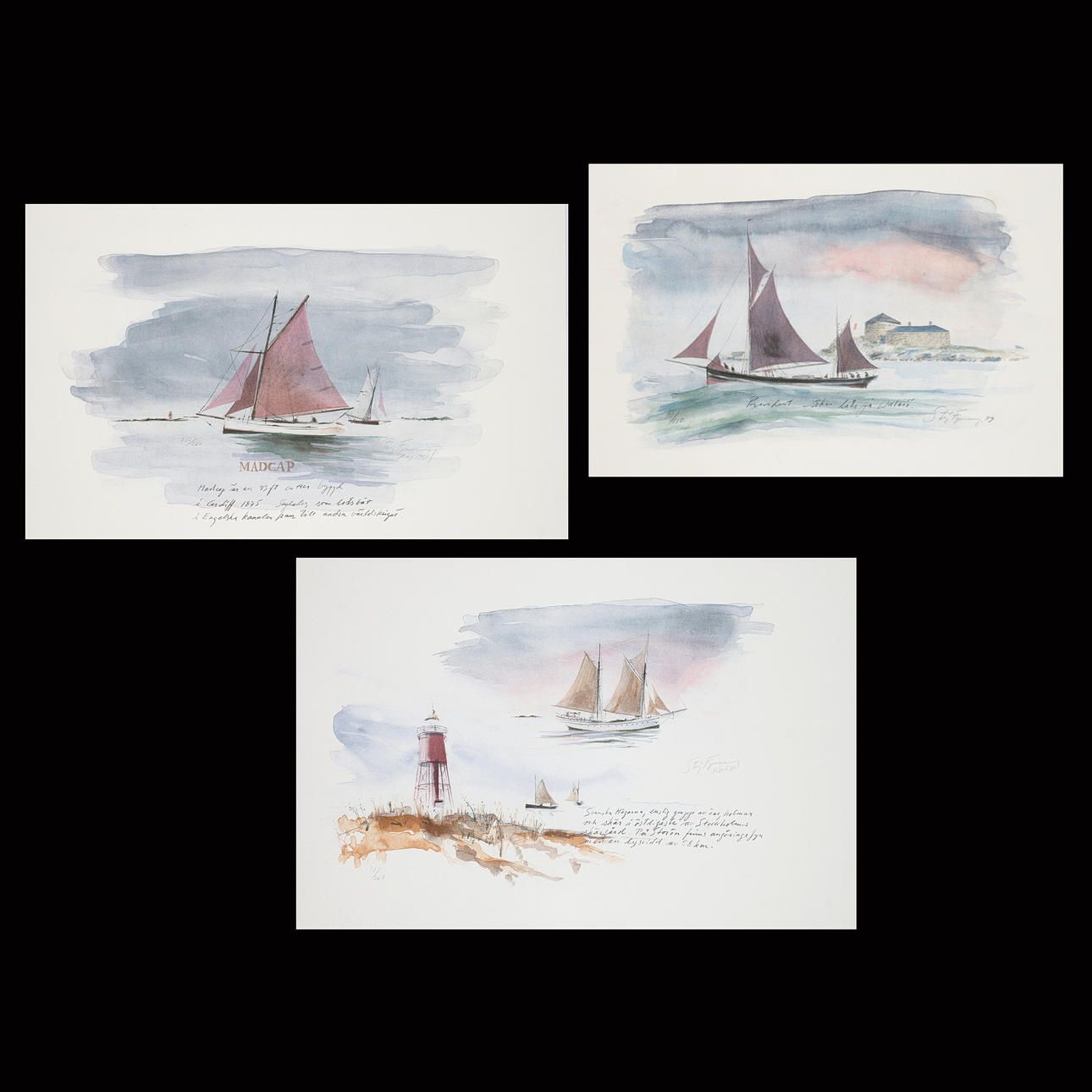 STIG FYRING. Marinamotiv, färglitografier, 3 st, signerade och numrerade.