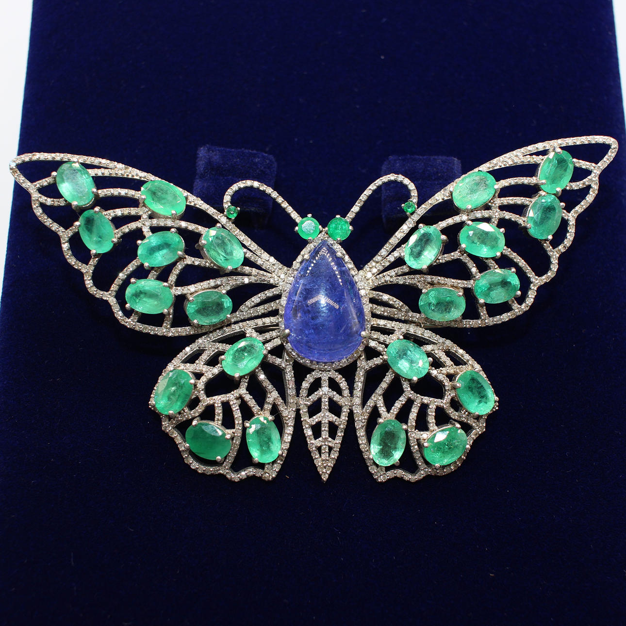 LARGE EMERALD, DIAMOND & TANZANITE BUTTERLY.