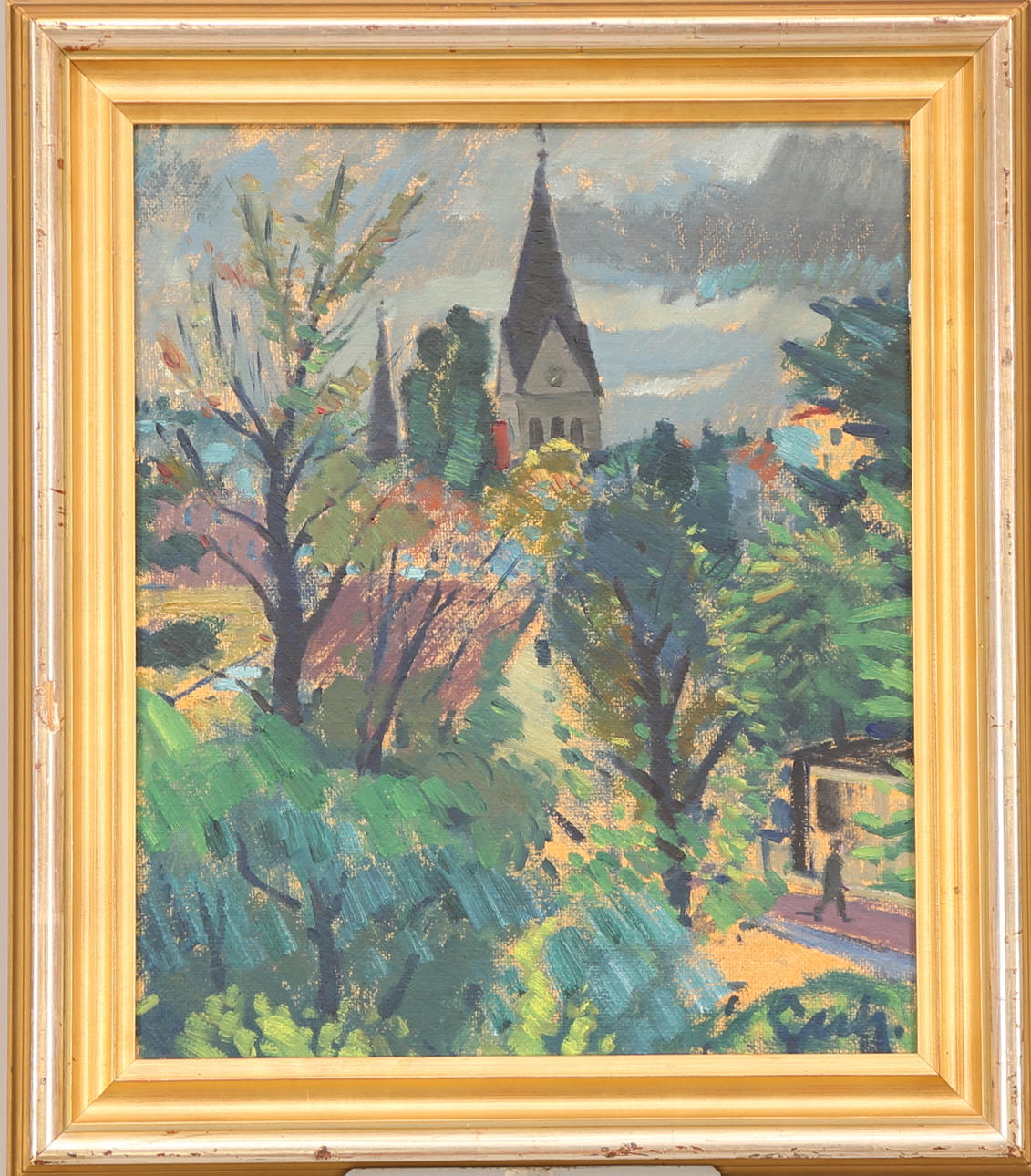 GERHARD LUNDBERG. TAVLA, olja pannå, signerad Gerh., Skövdemotiv - park och kyrktorn.