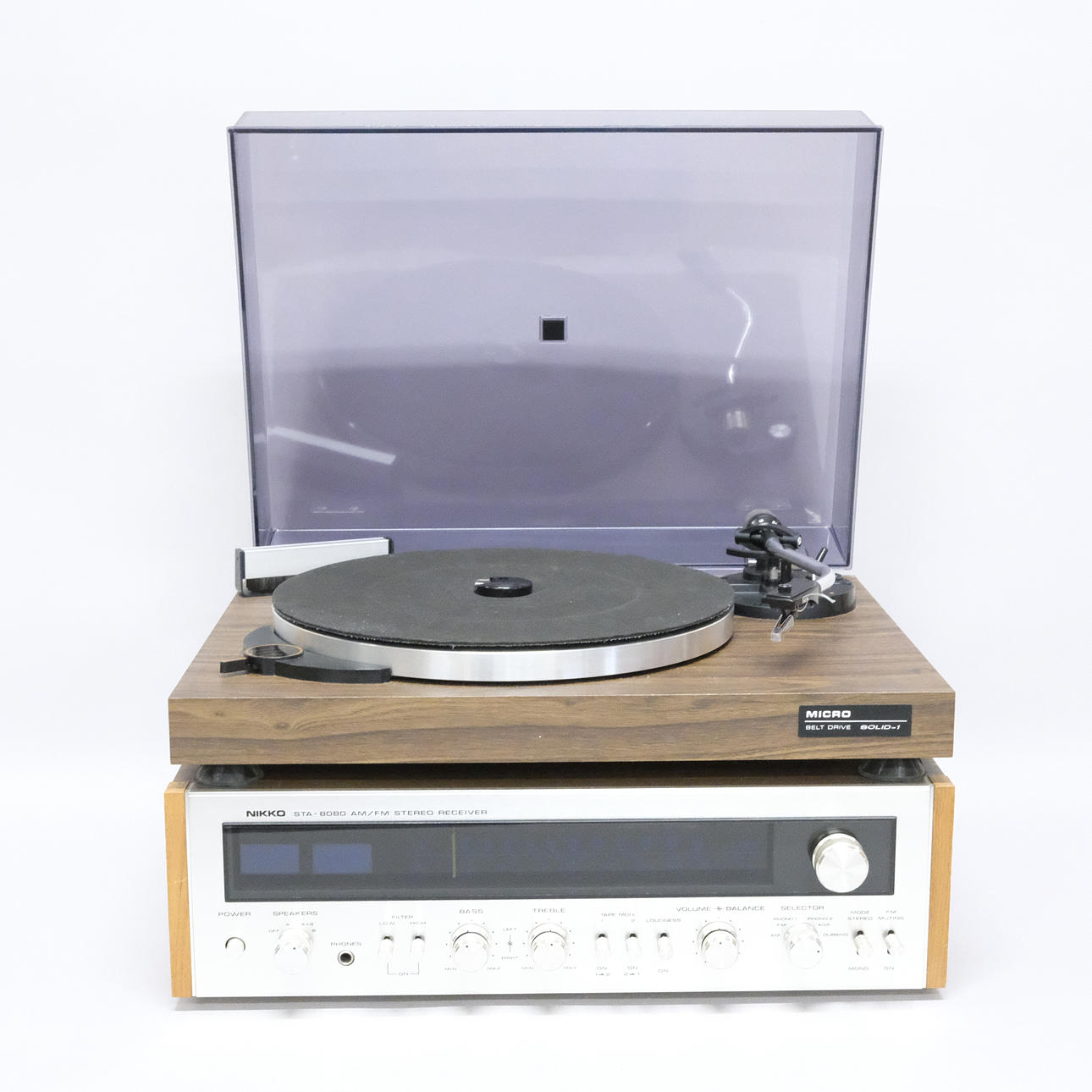 TURNTABLE AND AMPLIFIER, MICROPHONE AND NIKKO.