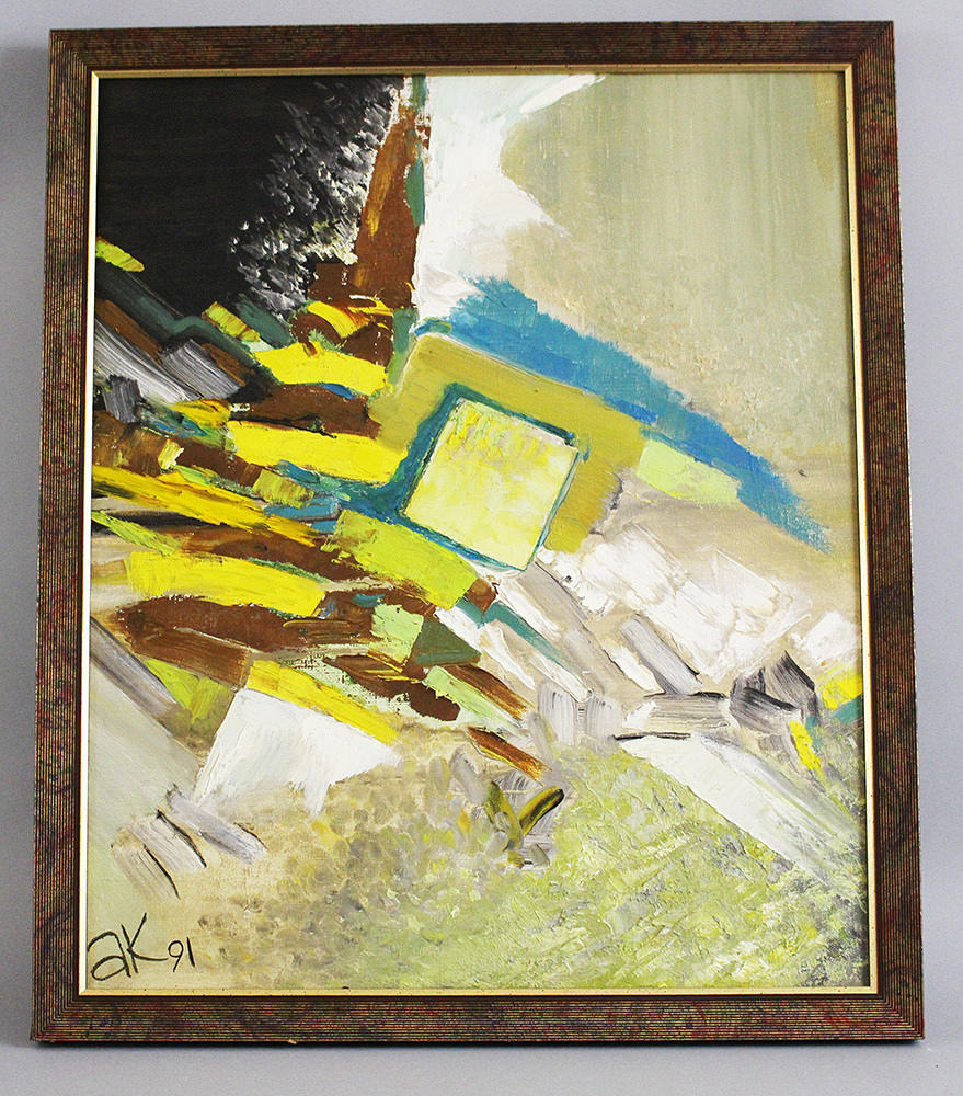 UNBEKANNTER KÜNSTLER. Abstrakt komposition, oljemålning, 1991.