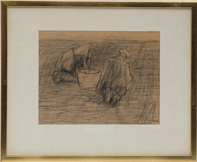 JANNE DAHL. Drawing, potato picking, signed.