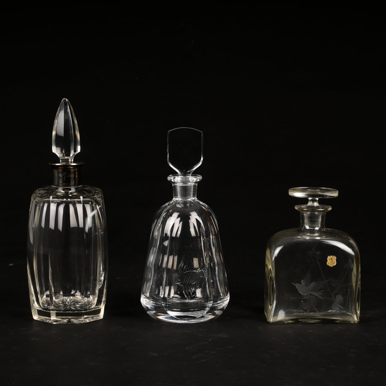DECANTERS, 3 pcs, glass, blue with silver.
