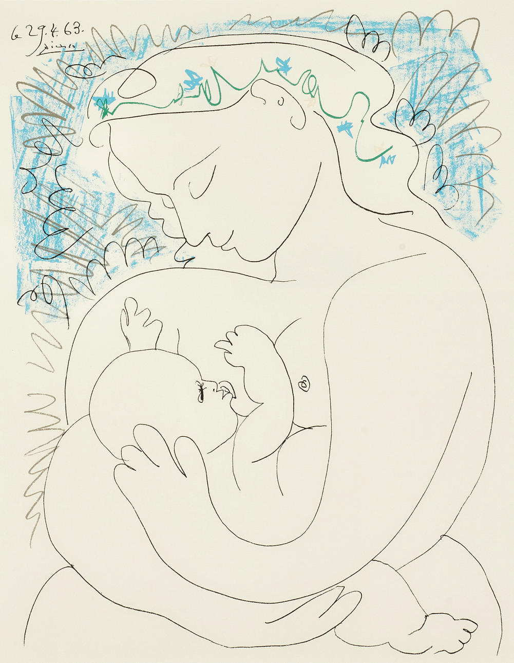 AFTER PABLO PICASSO. “Maternité” (1909), lithographic sheet, signed ocn dated in print.