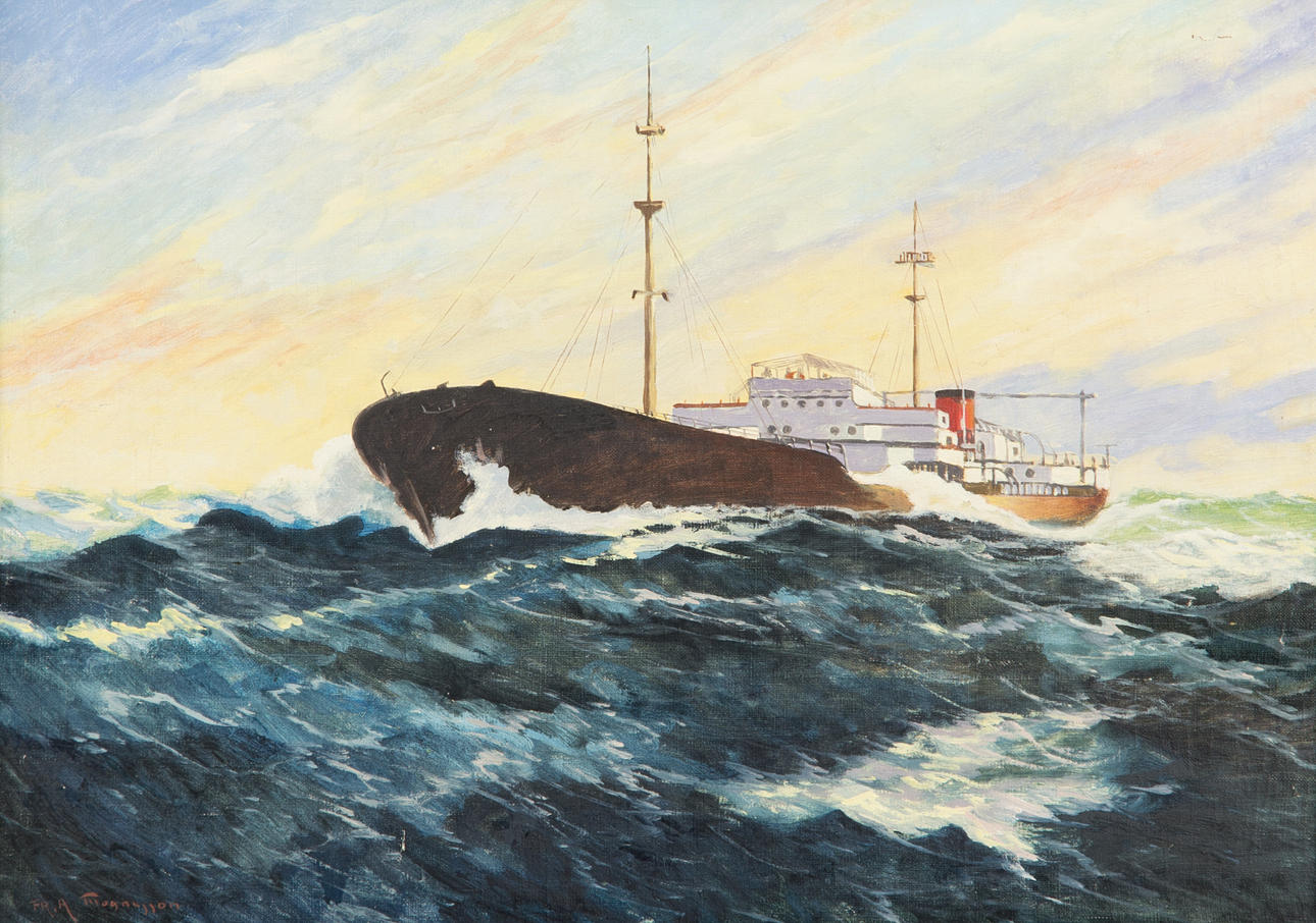 OIDENTIFIERAD KONSTNÄR. Fartygsbild, olja på duk, signerad Fr. A. Magnusson.