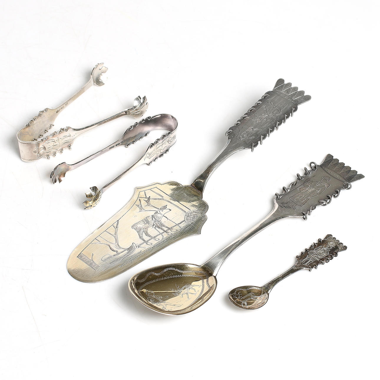 SERVERINGSBESTICK, 5 delar, silver, Persson Ur- & Guldsmedsaffär, Haparanda, 1950-tal. Vikt 160 gram.