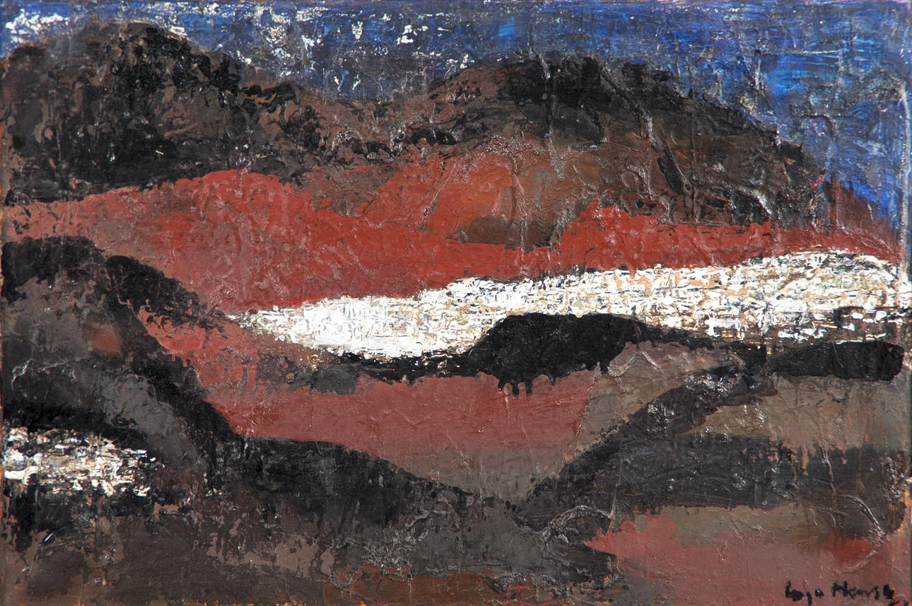 INGA HENSE. Komposition, olja på duk, signerad.