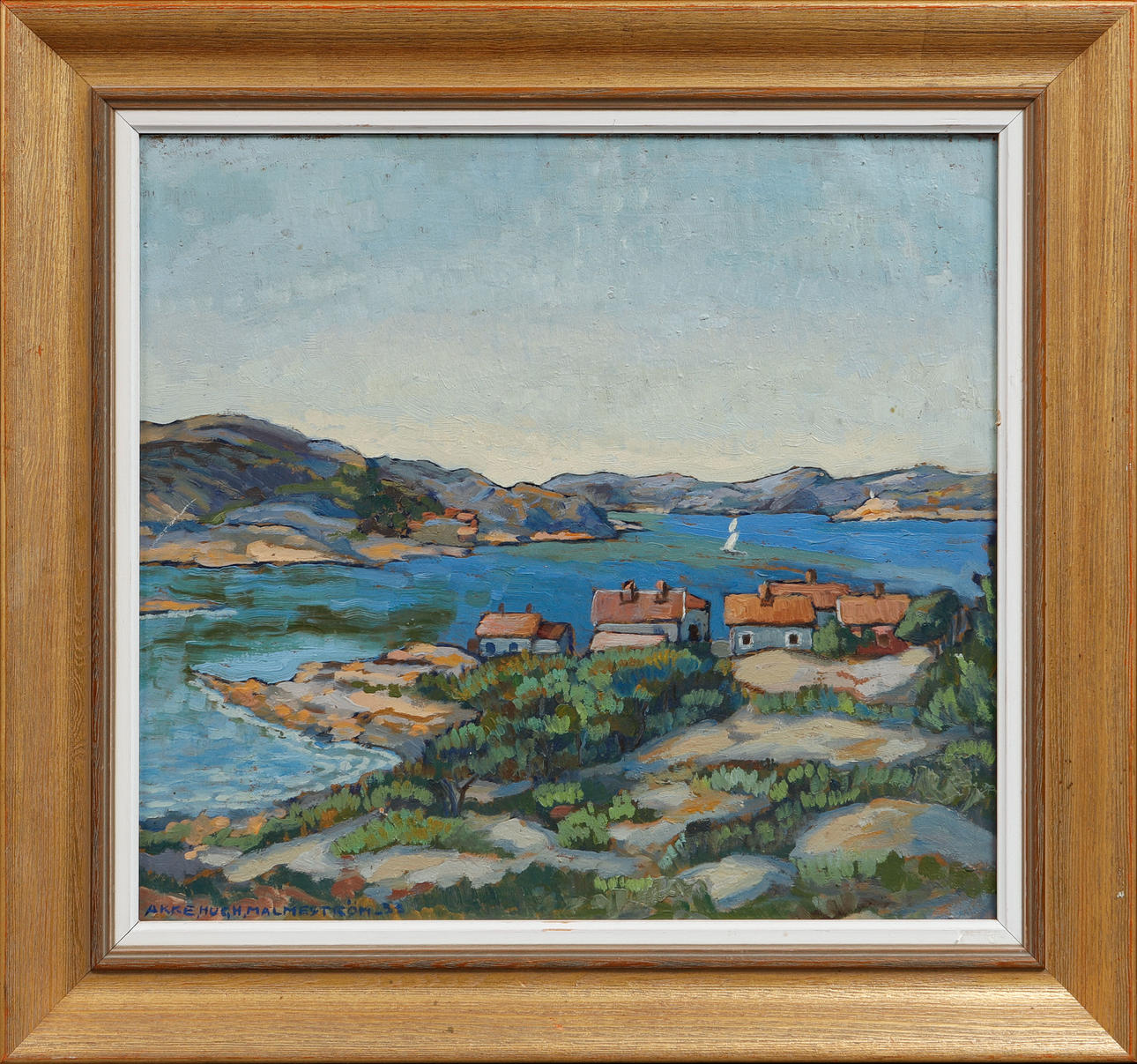 AKKE HUGH  MALMESTRÖM. Kustvy. Olja på pannå, signerad och daterad -33.