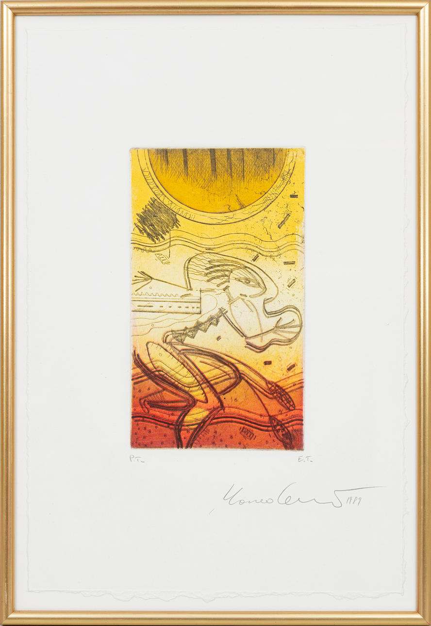 MARCO CECIONI (1948). Abstract Composition, colour etching, signed, and dated, sample print, 1989.
