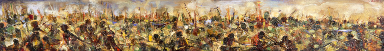 MIKAEL QVARSEBO. Bataljscen, olja på pannå, signerad M. Qvarsebo.