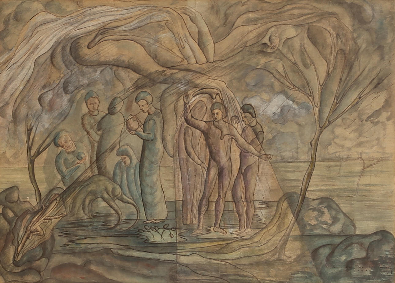 UNIDENTIFIED ARTIST, mixed media, signed and dated 1945.