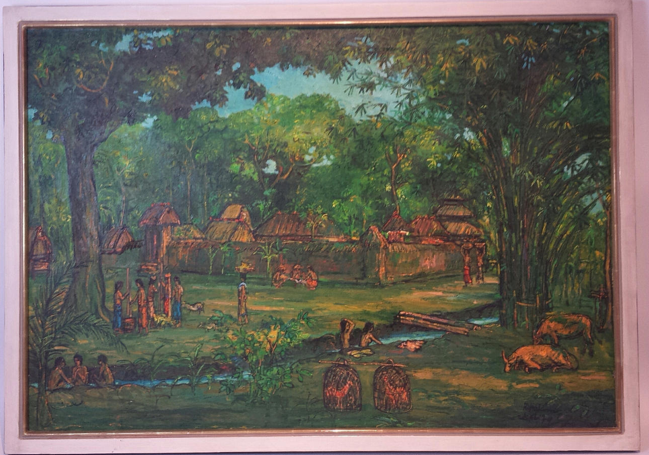 UNBEKANNTER KÜNSTLER. Infödingarnas by, olja på duk, inramad, signerad och daterad (19) 74.