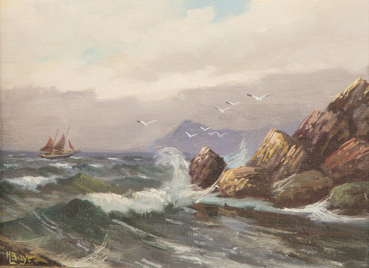 OIDENTIFIERAD KONSTNÄR. Skepp vid kust, olja på duk, signerad HL Boye.