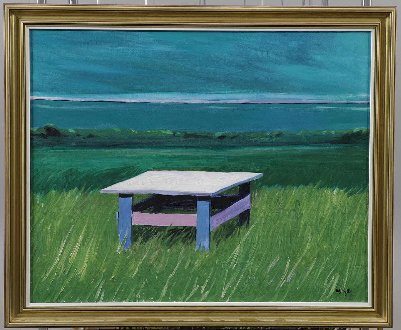 OIDENTIFIERAD KONSTNÄR. Bench in landscape, oil on canvas, signed, dated -83.