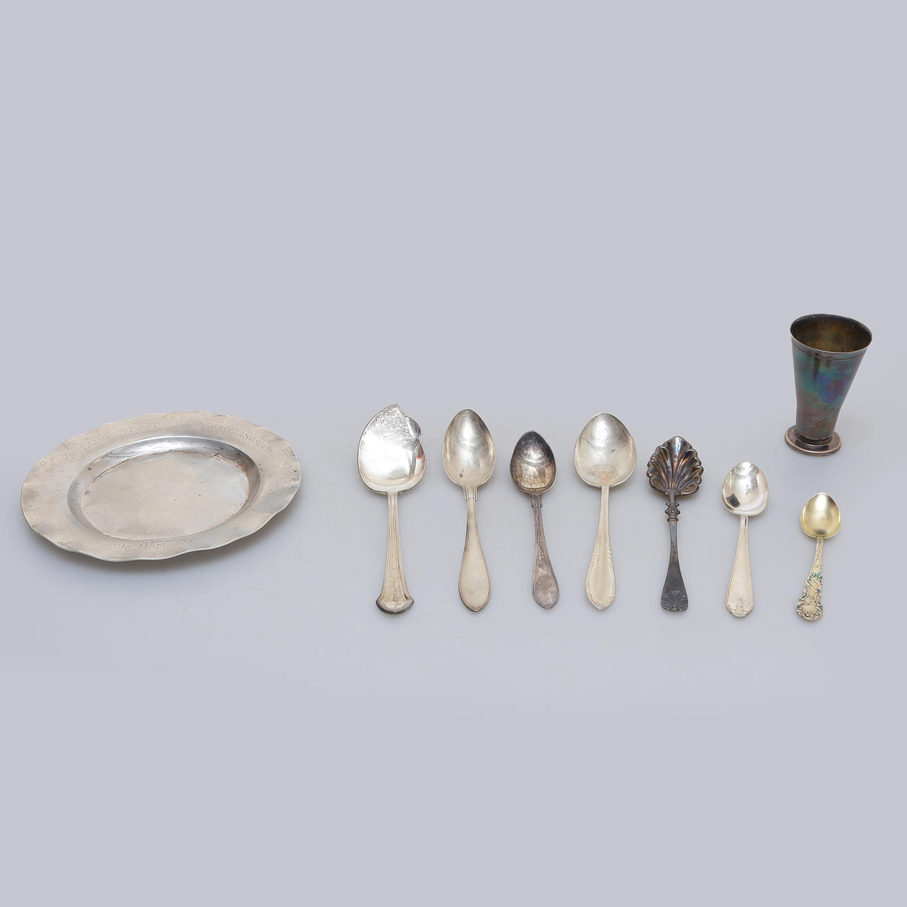 9 DELAR SILVER, FAT, BÄGARE, SKEDAR.