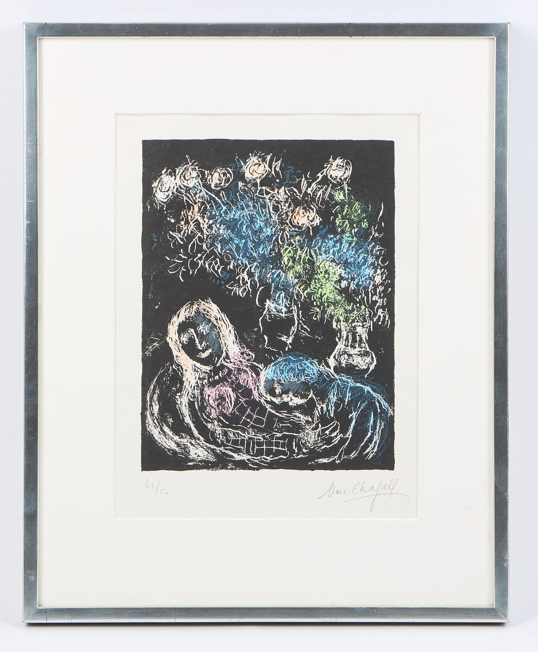 MARC CHAGALL. “Couple sur Fond Noir II” (1973), signed, colour