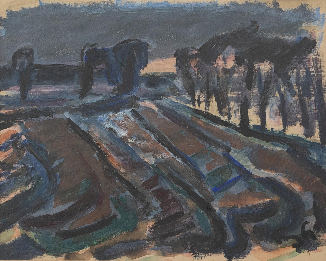 OIDENTIFIERAD KONSTNÄR. Landscape, mixed media, indistinct signed.