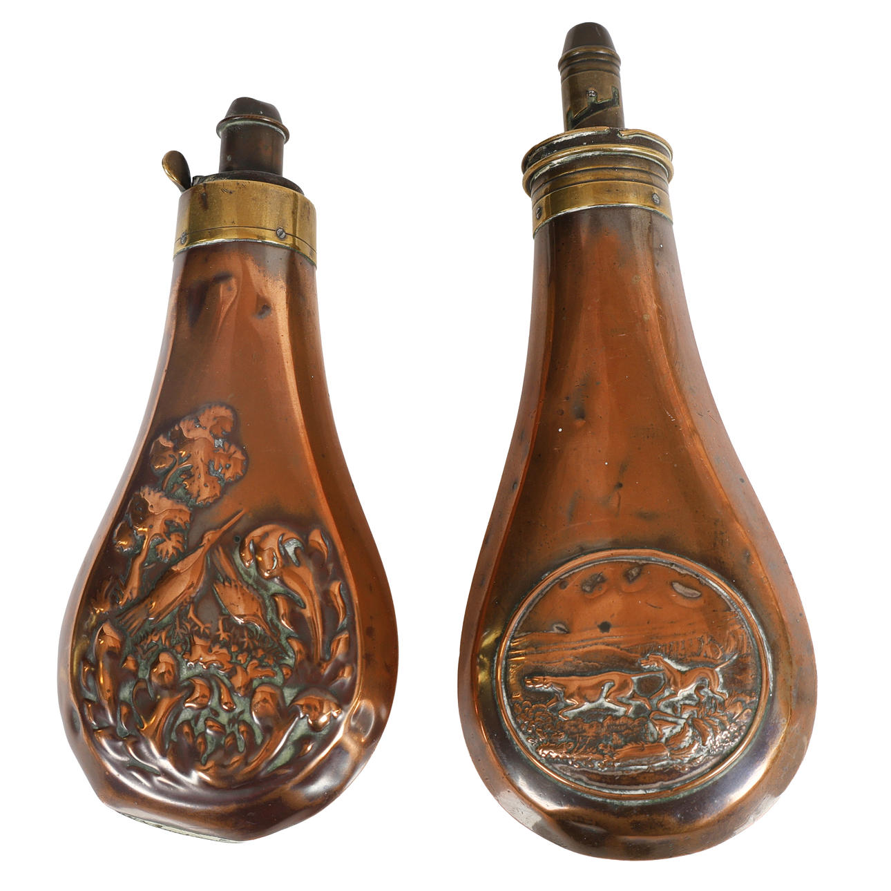 TWO VICTORIAN COPPER POWDER FLASKS (2).