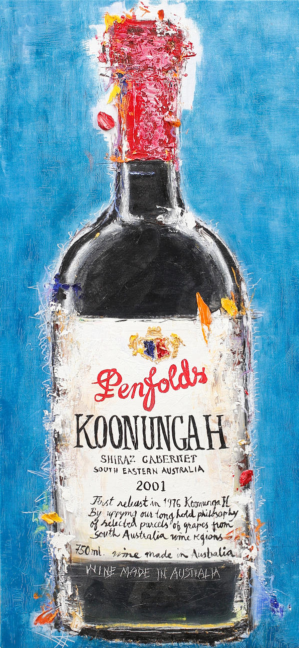 MARIE SANDBERG. Olja på duk, Vinflaska, "Penfolds Koonungah".