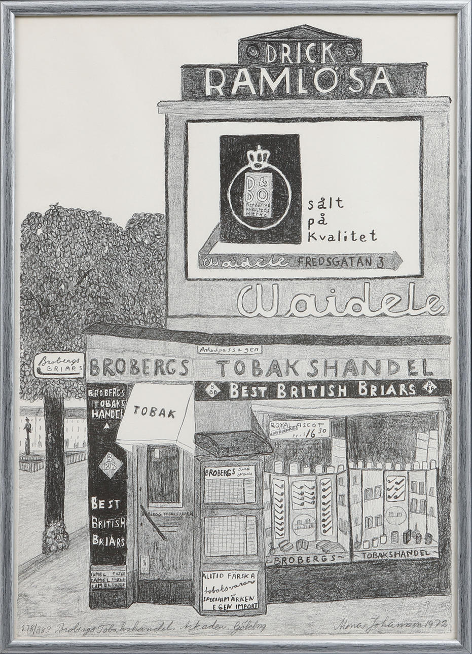 MONA JOHANSSON. "Brobergs tobakshandel. Arkaden Göteborg", litografi, signerad , numrerad 278/383 och daterad 1972.