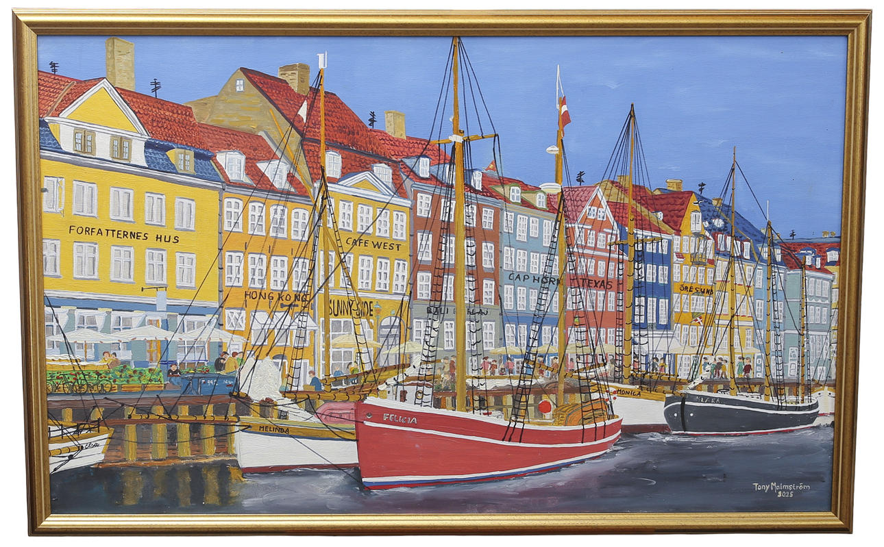 TONY MALMSTRÖM. Olja på duk, båtar i Nyhamn, Köpenhamn signerad daterad 2025.