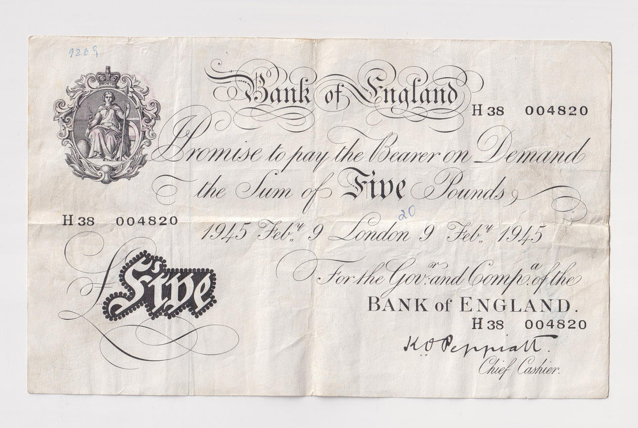 1945 WHITE FIVE BANK NOTE.