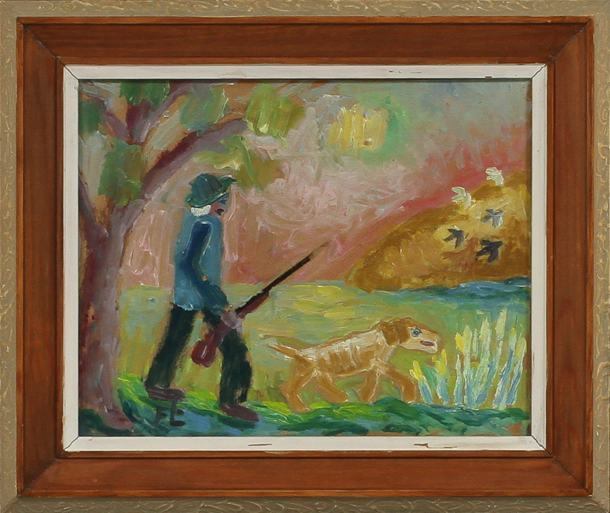 FRANS LARSSON. Jägare, olja på pannå, signerad.