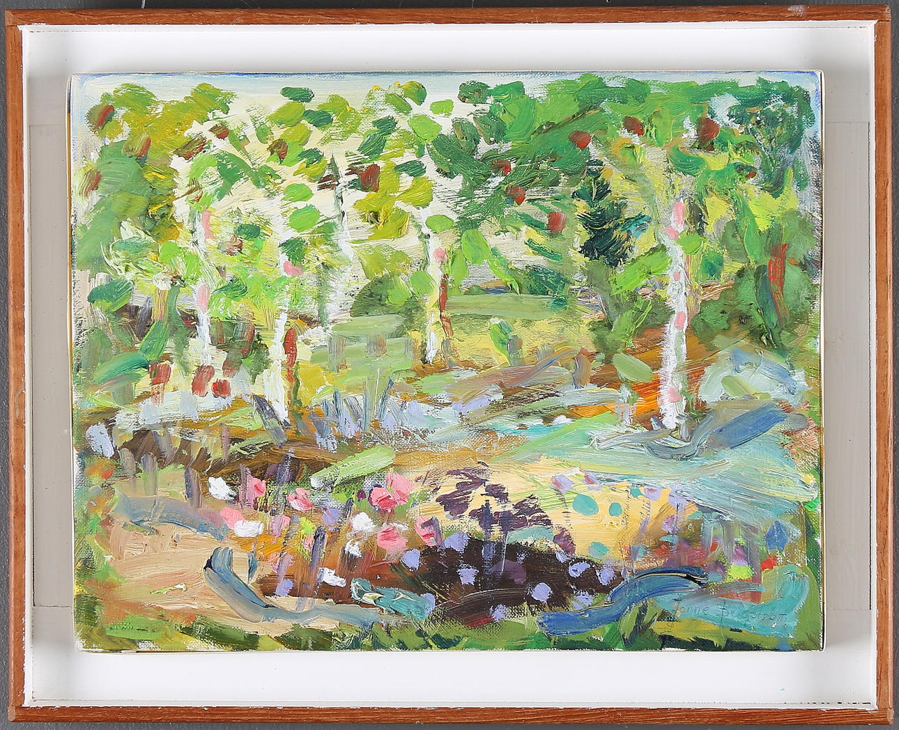 JONNE BERGSTRÖM. Vårblomster i björkdunge, olja på duk, signerad.