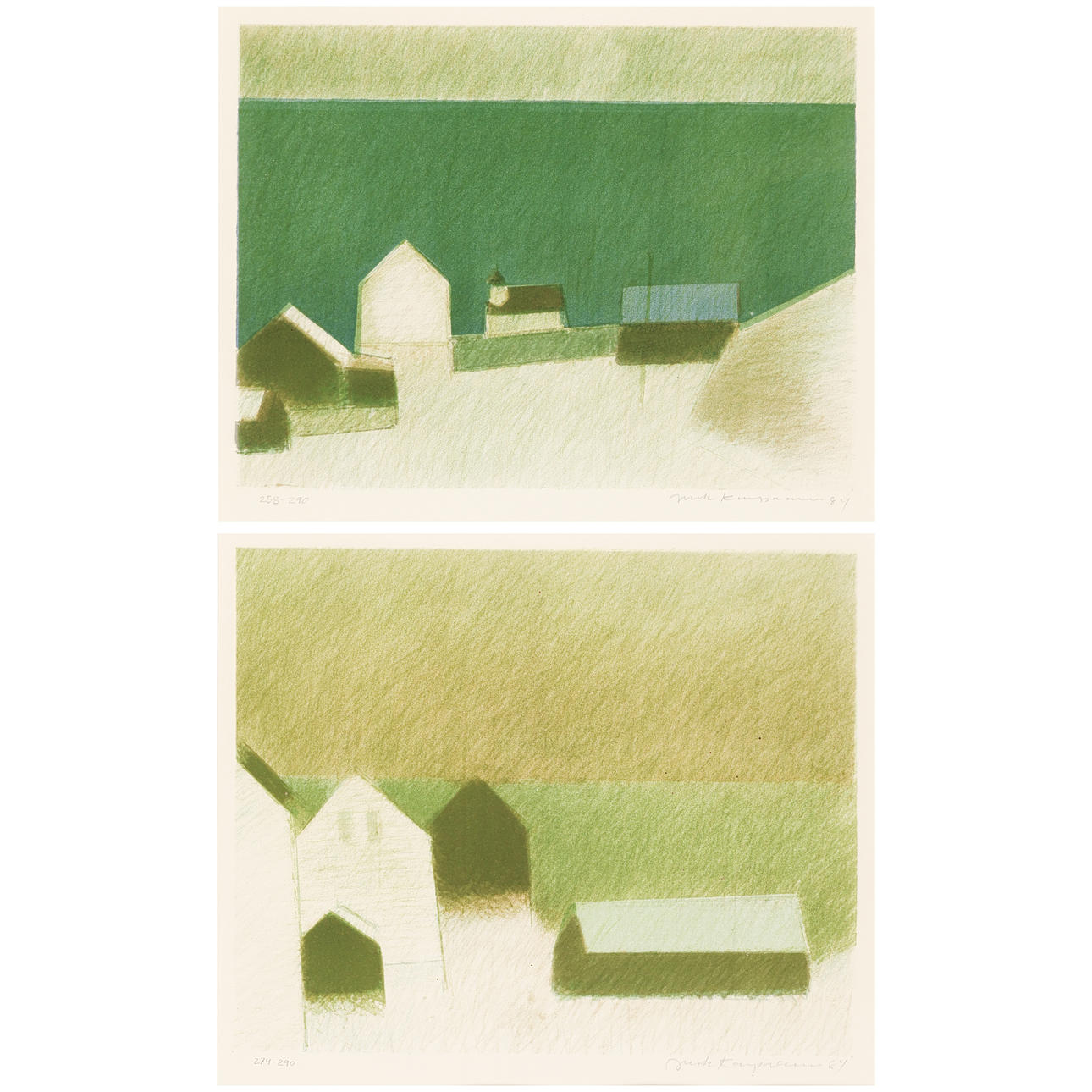 JACK KAMPMANN (1914-89). Färglitografier, två stycken, signerade och daterade 1984 med motiv från Färöarna (2).