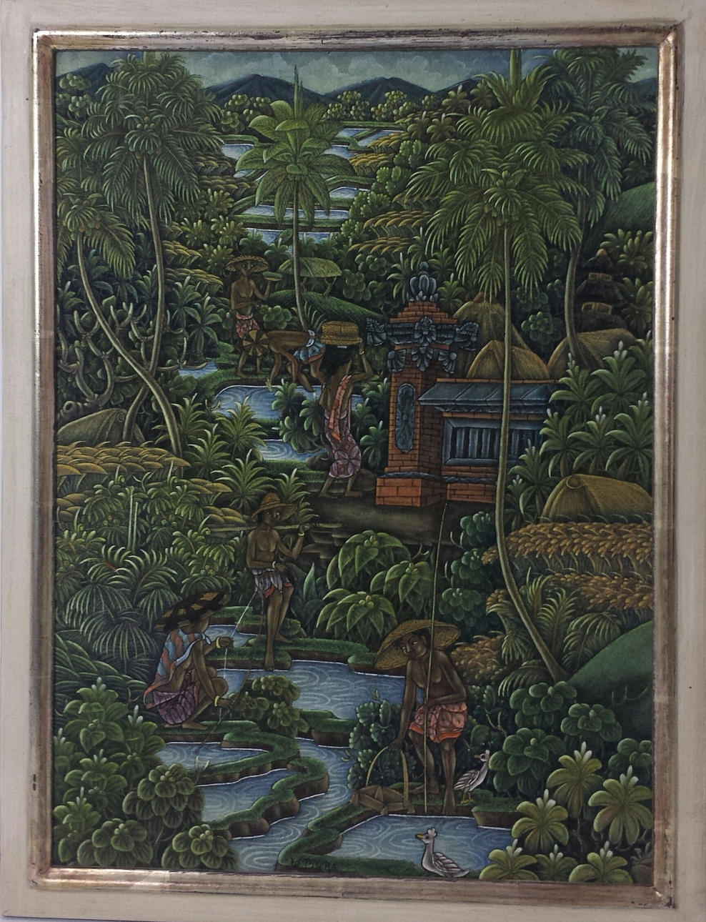 W.MURA. ”På risfältet”, naiv målning akryl på tyg, inramad och signerad.