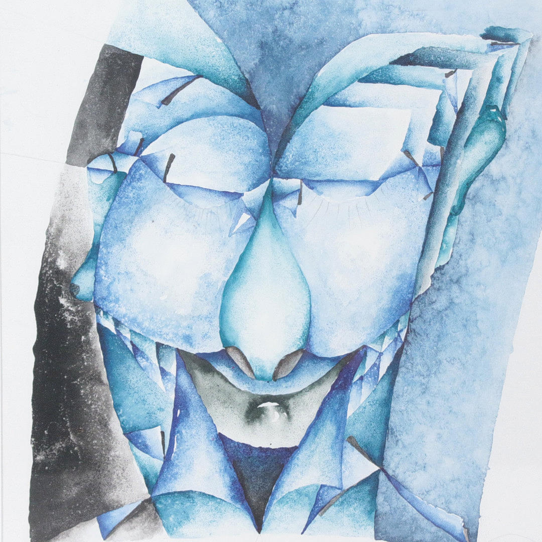 BLÄTTERSTEIN. LEAFSTONE. 'Blue Face', 2012, airbrush watercolor, signed.