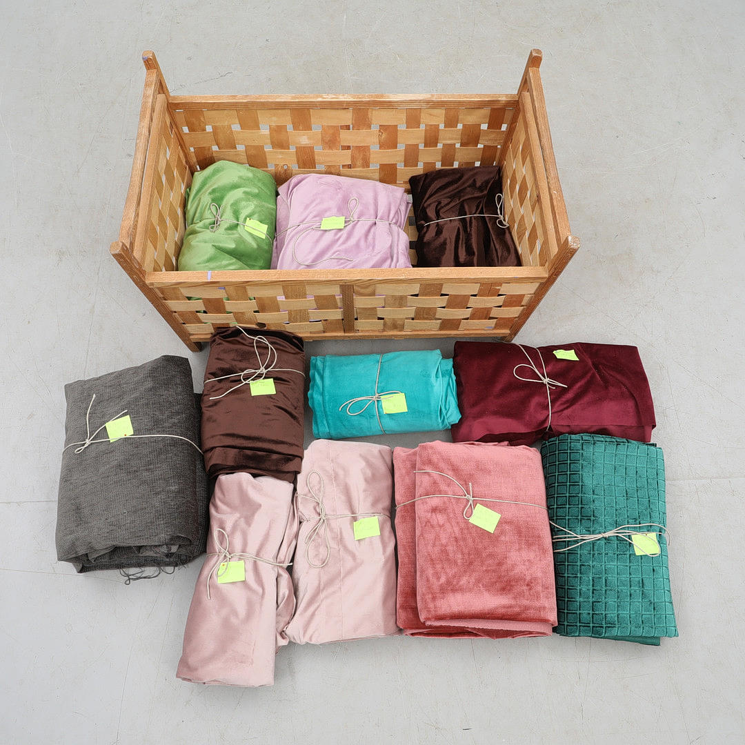 UPHOLSTERY FABRICS, assorted varieties/colours, incl basket.