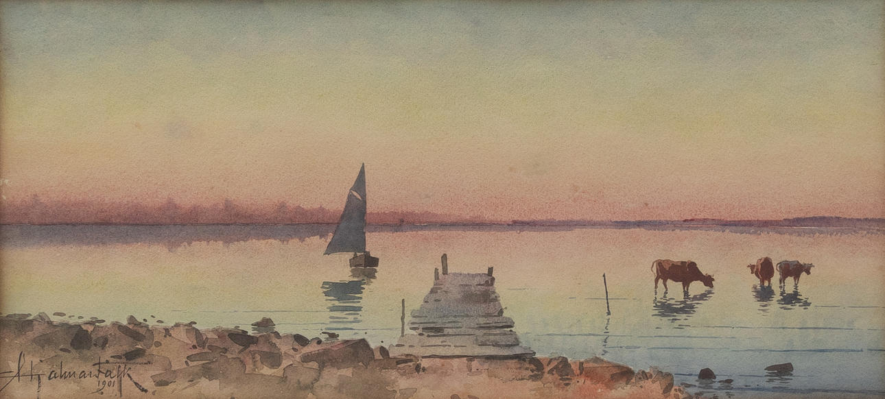 HJALMAR FALK (1856-1938). Segelbåt i solnedgång, akvarell, signerad och daterad 1901.