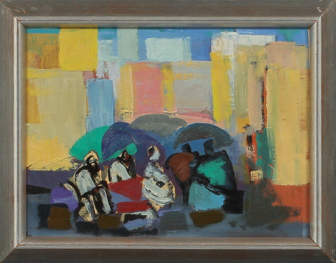 BRITA HANSSON. Figurscen, olja på pannå, signerad.