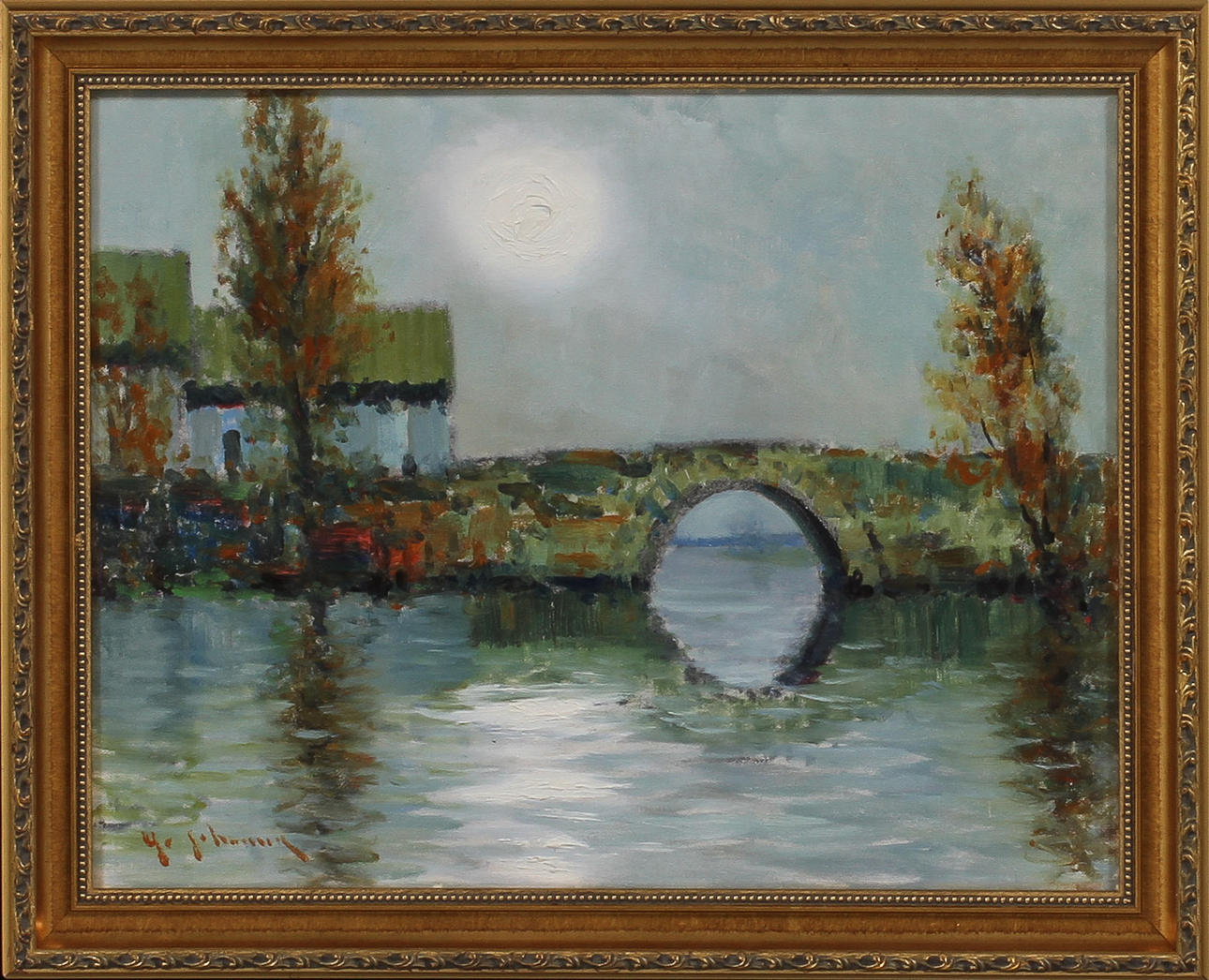 YO JOHANSSON. "Månsken vid stenbron", olja på duk, signerad.