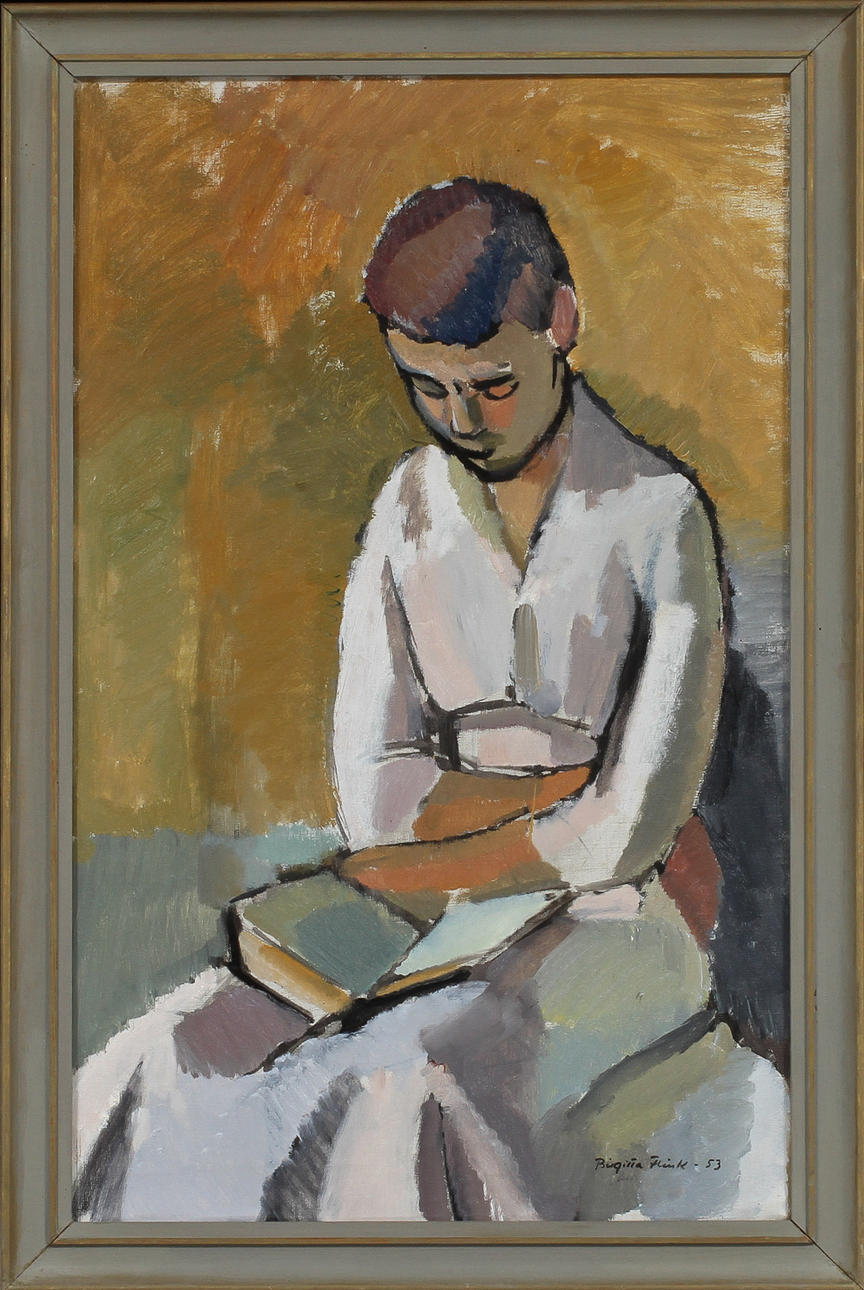 BIRGITTA FLINK. Figur som läser bok, olja på duk, signerad och daterad-53.