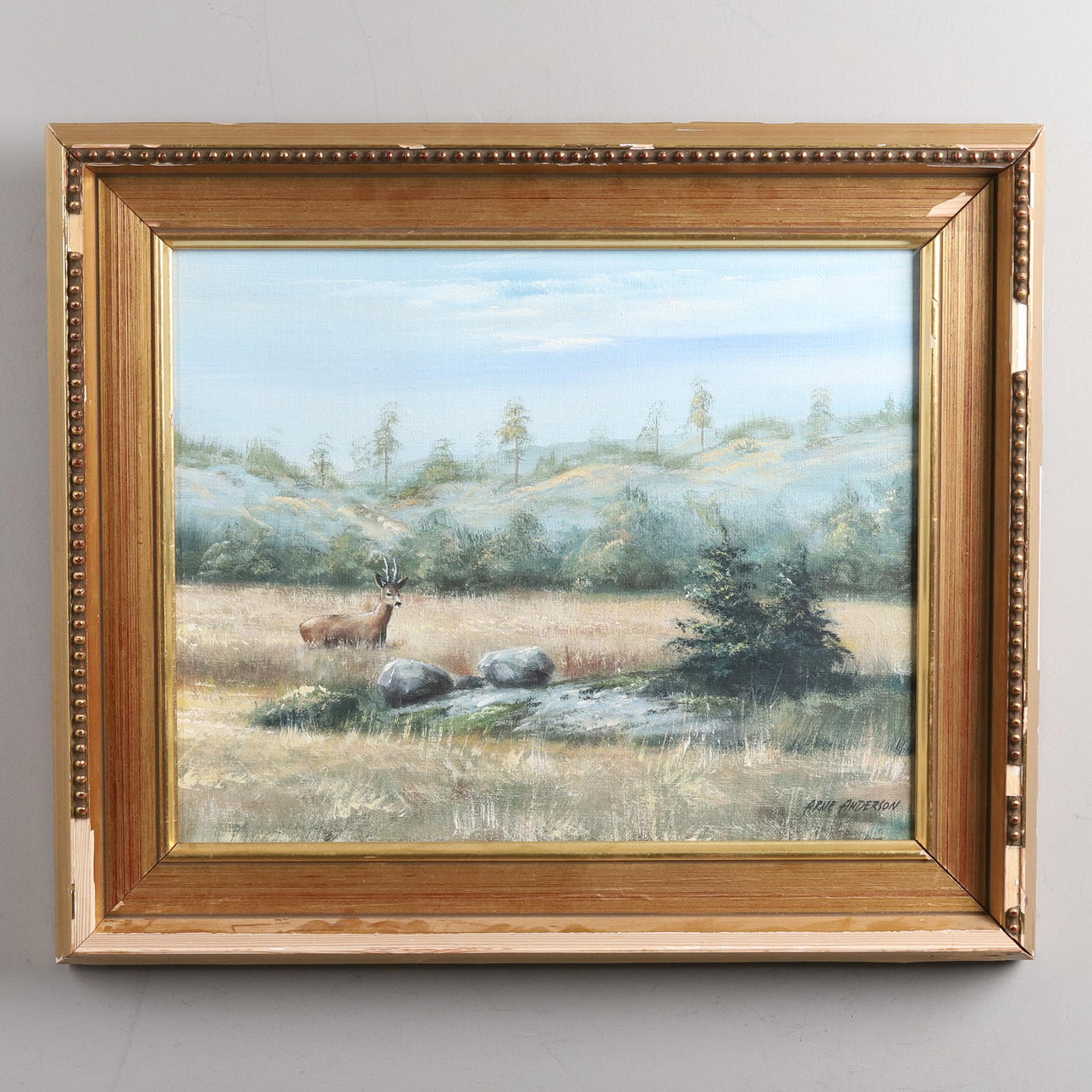 ARNE ANDERSSON. Olja på duk, "Rådjur i högt gräs", signerad.