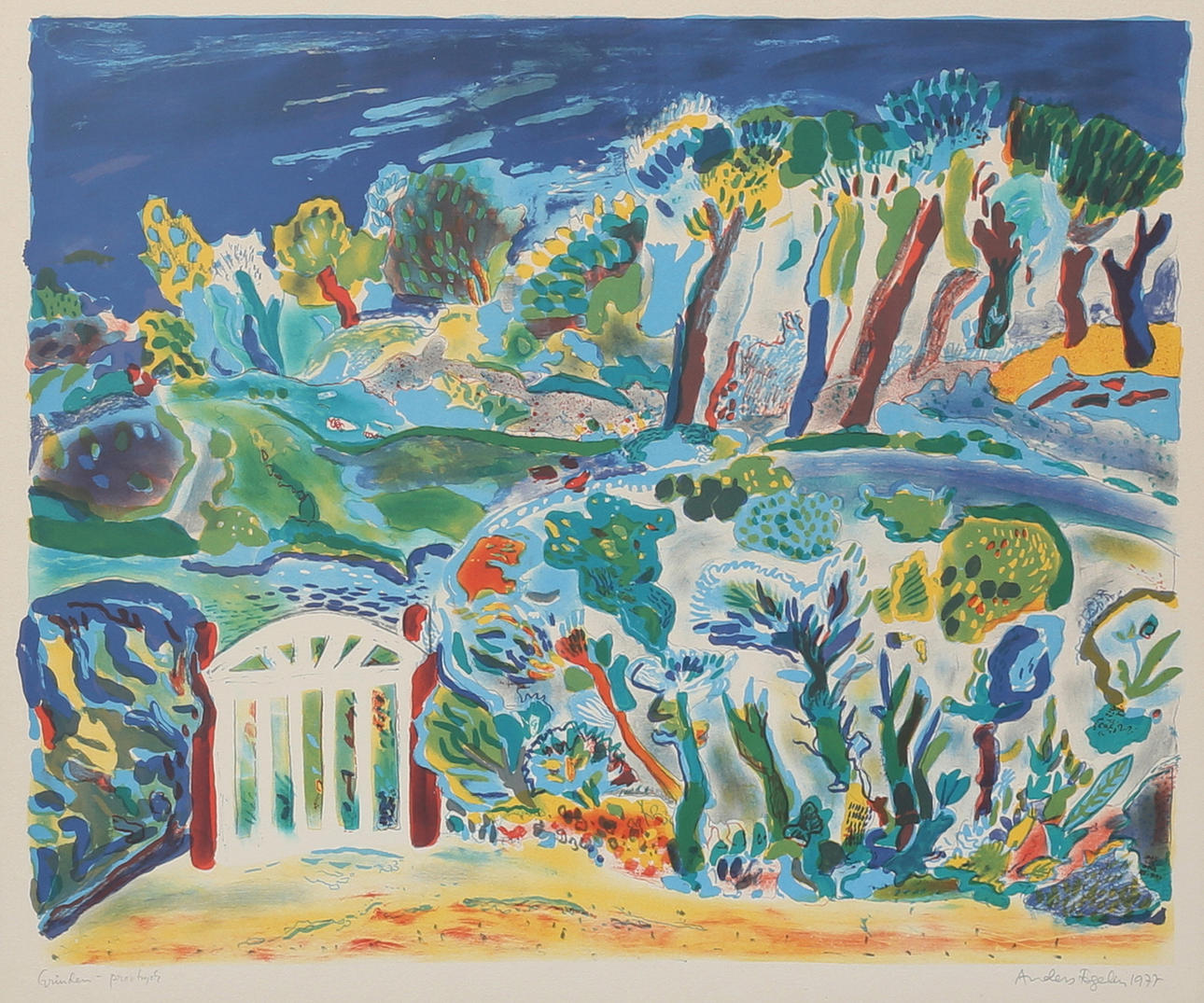 ANDERS FOGELIN. “The gate”. Lithograph in colours, sample print, signed and dated 1977.