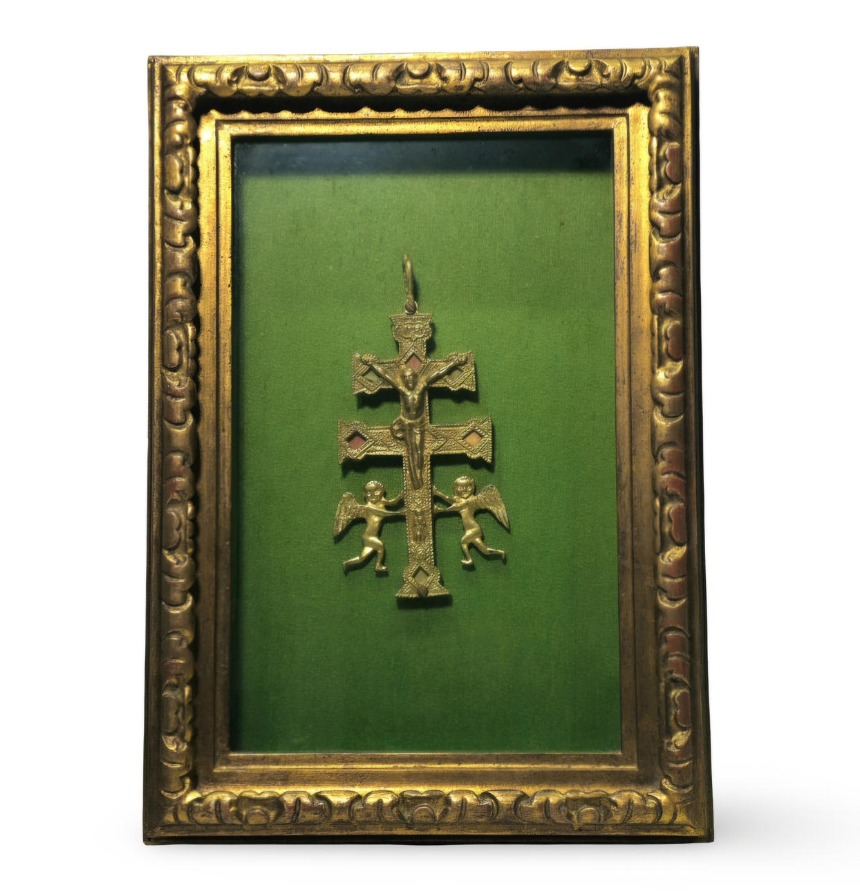 Old Caravaca Cross in gilded bronze. Framed.