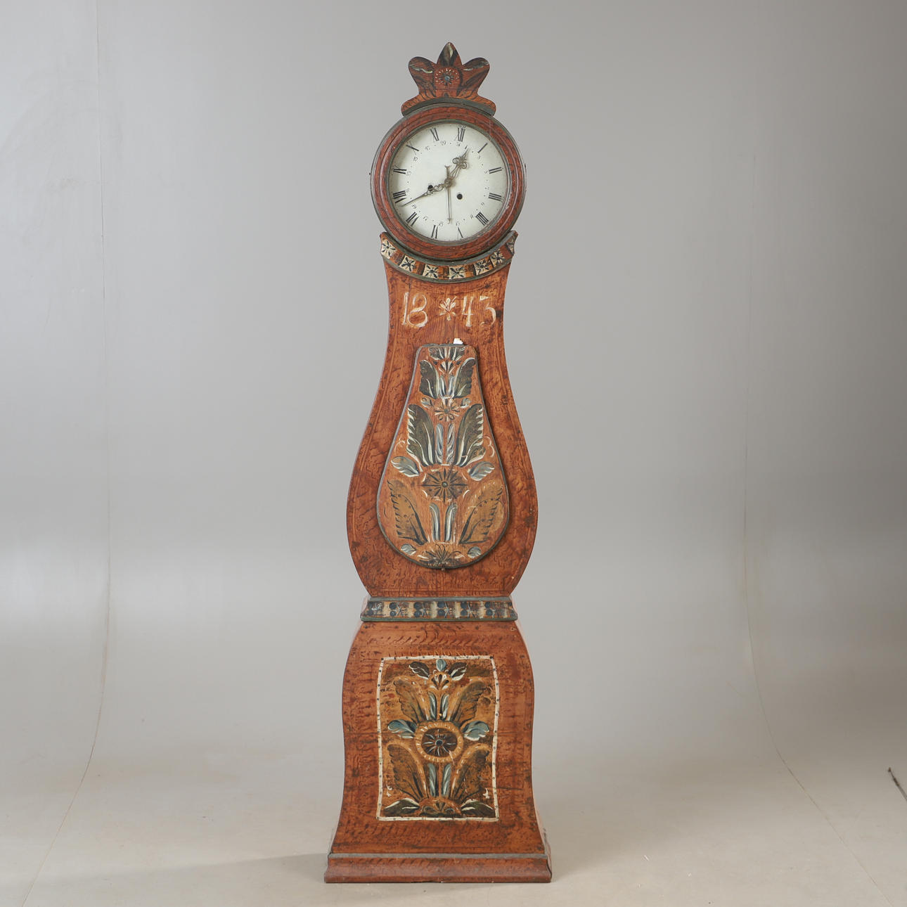 FLOOR CLOCK, painted, dated 1843.