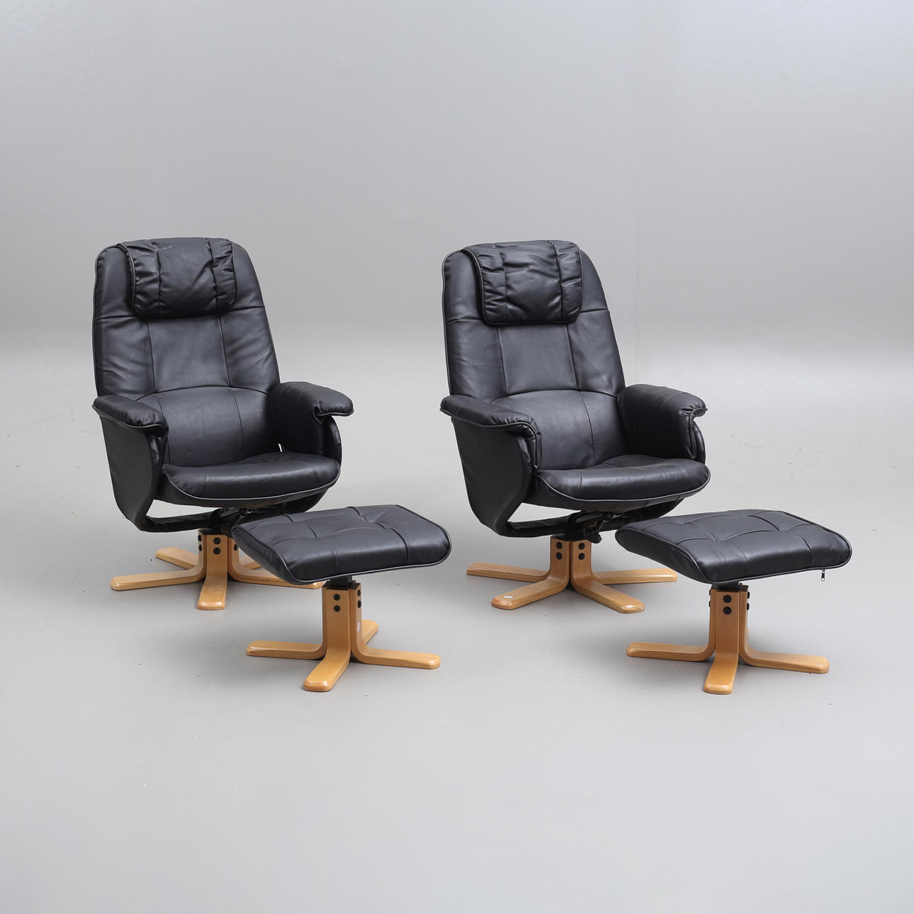 2 armchairs, with footstool, artificial leather, 1900-later.