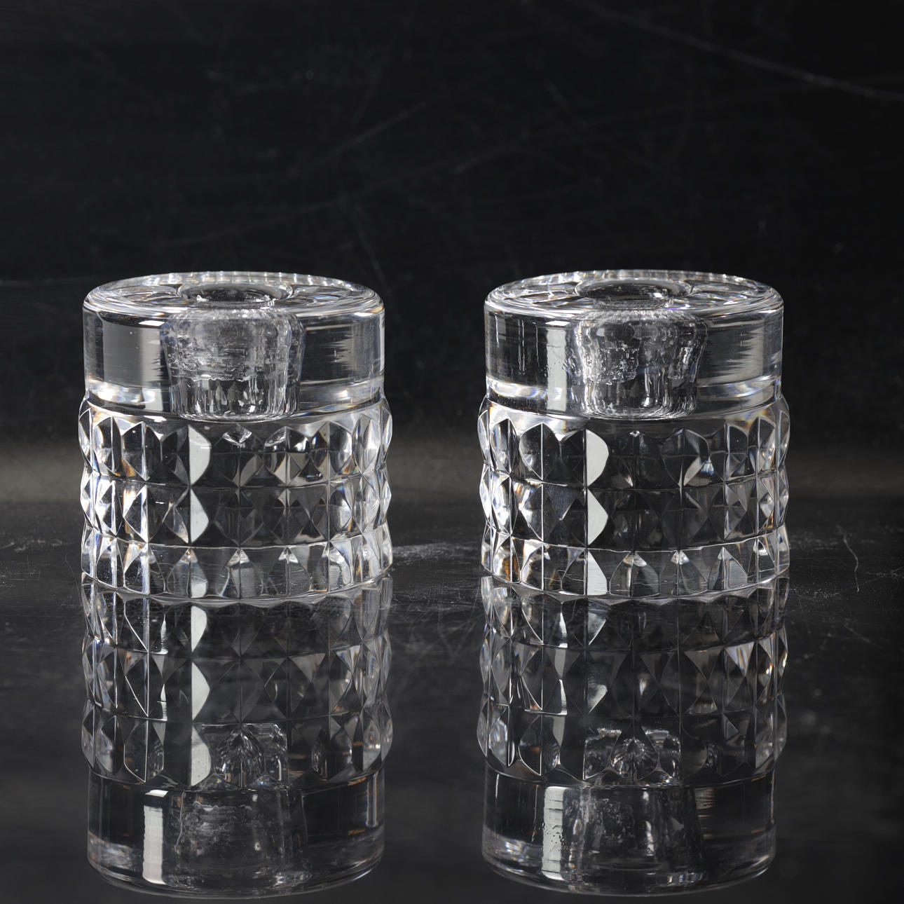 INGEBORG LUNDIN. Candlesticks, a pair, glass, “Silvia”, Orrefors, signed.