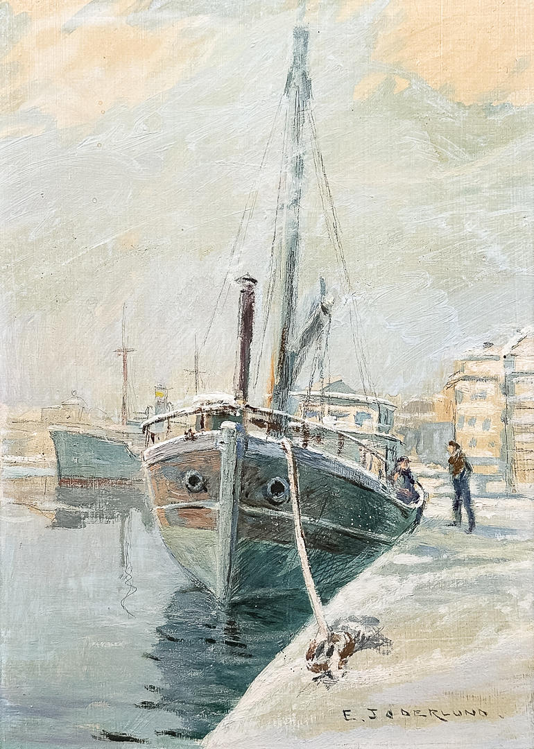 OIL ON PANEL, Harbour motif, Signed E Söderlund.