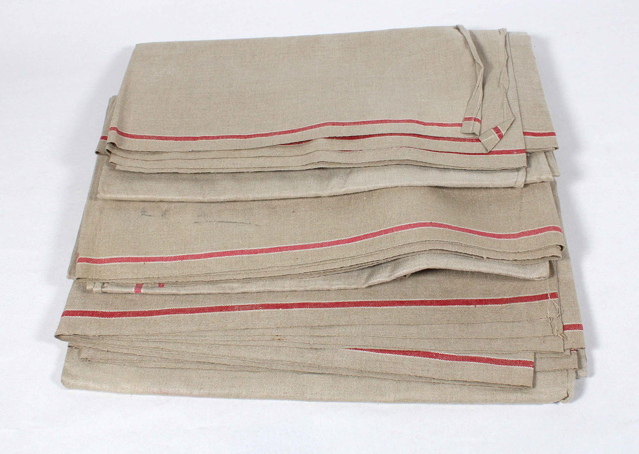 3 OLD LINEN ROLLED CLOTHS, SCARVES.